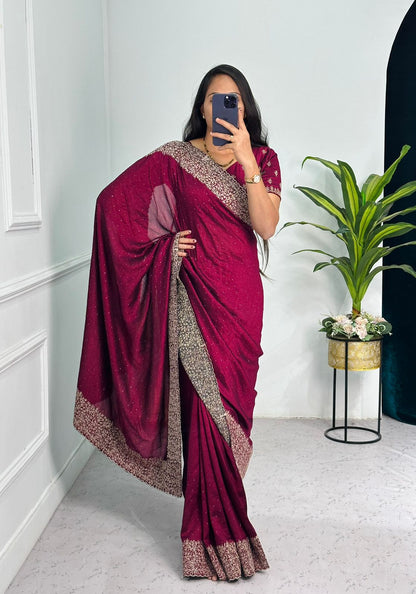 Wine Color Embroidery Diamond Work Saree