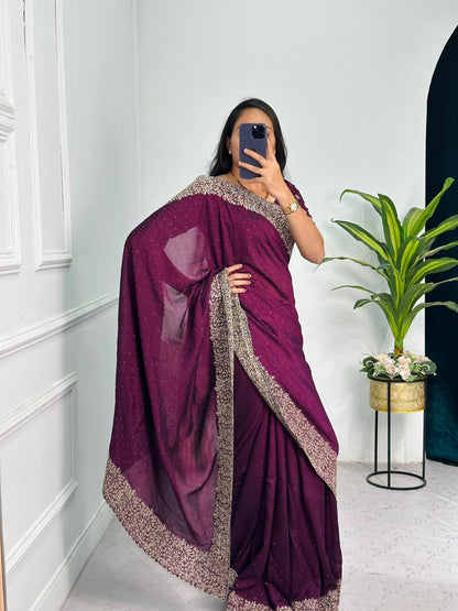 Purple Color Embroidery Diamond Work Saree