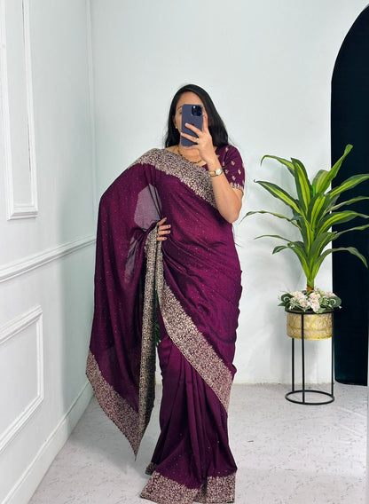 Purple Color Embroidery Diamond Work Saree