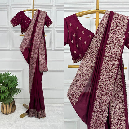 Wine Color Embroidery Diamond Work Saree