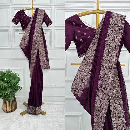 Purple Color Embroidery Diamond Work Saree