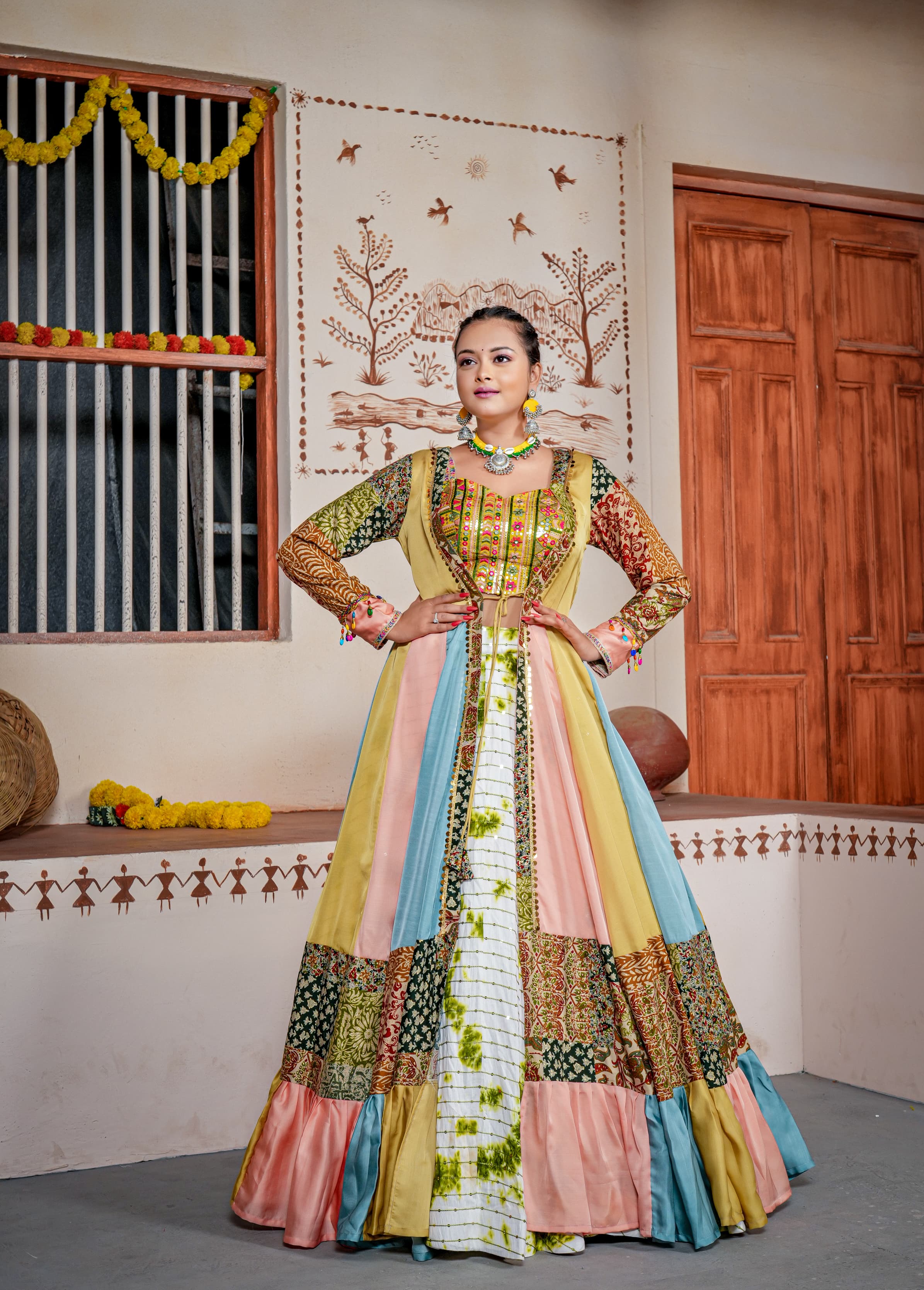 Chinon Fabric Embroidery Work Purple Color Wedding Wear Readymade Indo  Western Lehenga Choli With Long Shrug