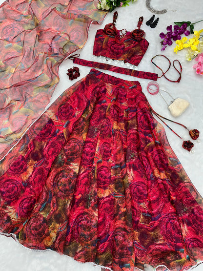 Fantastic Digital Printed With Work Red Lehenga Choli