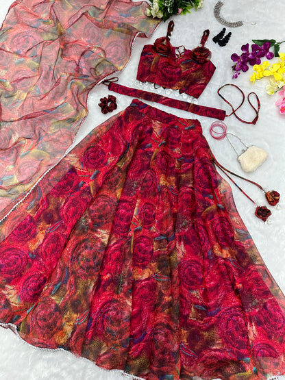 Fantastic Digital Printed With Work Red Lehenga Choli