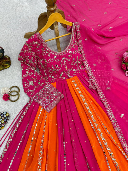 Orange and Pink Sequence Embroidery Wok Gown