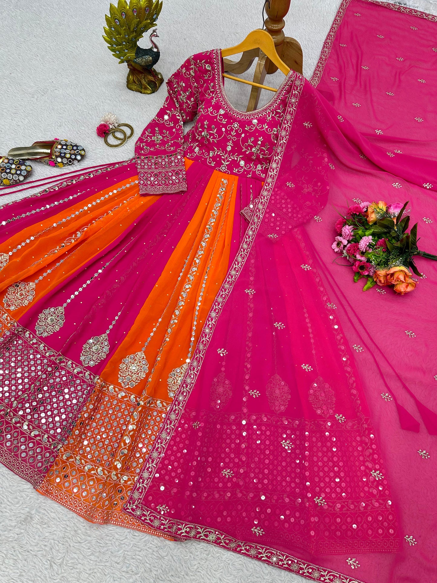 Orange and Pink Sequence Embroidery Wok Gown