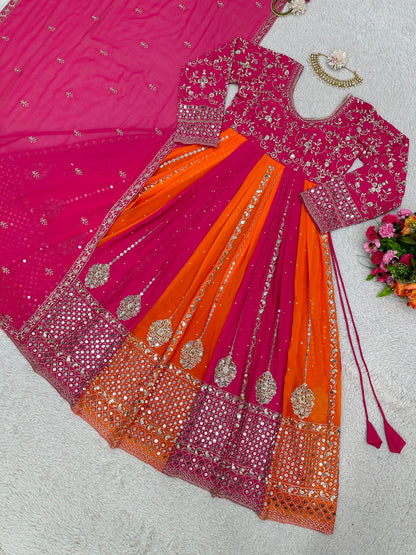 Orange and Pink Sequence Embroidery Wok Gown