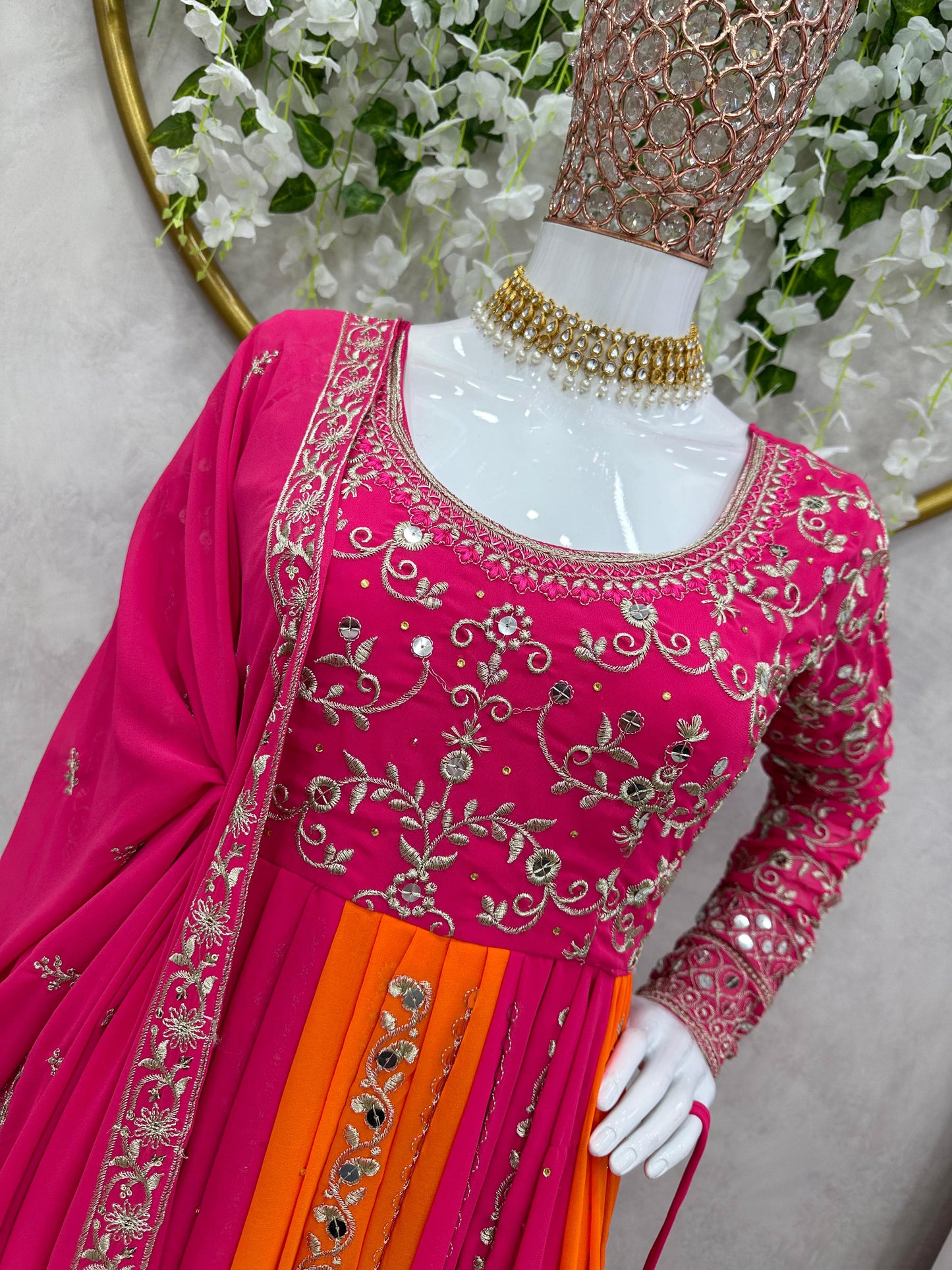 Orange and Pink Sequence Embroidery Wok Gown