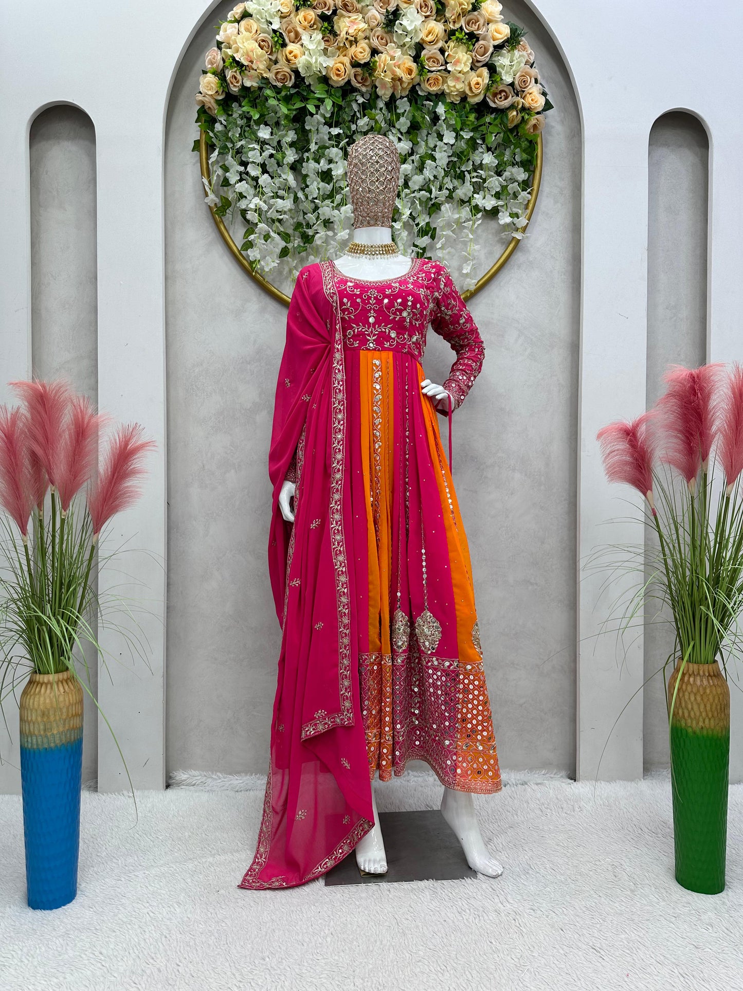 Orange and Pink Sequence Embroidery Wok Gown