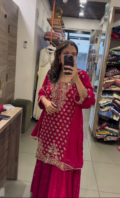 Decent Dark Pink Color Embroidery Work Sharara Suit