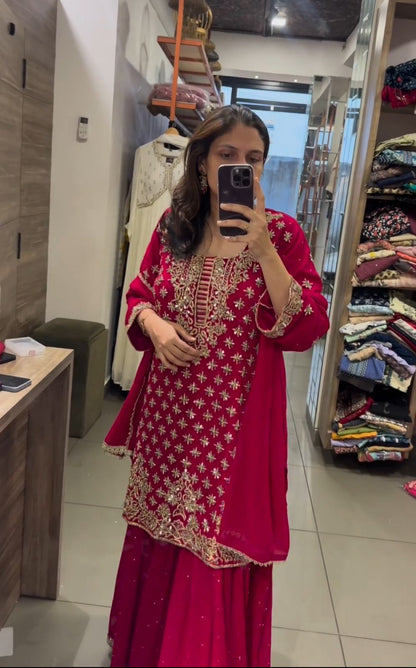 Decent Dark Pink Color Embroidery Work Sharara Suit