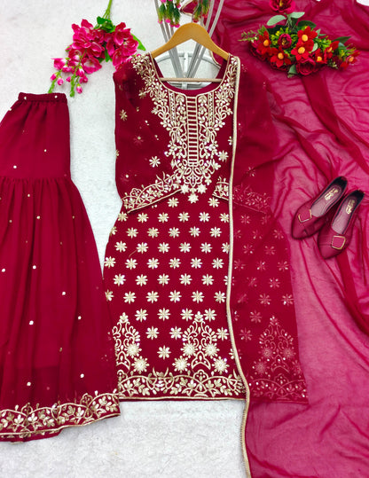 Decent Dark Pink Color Embroidery Work Sharara Suit