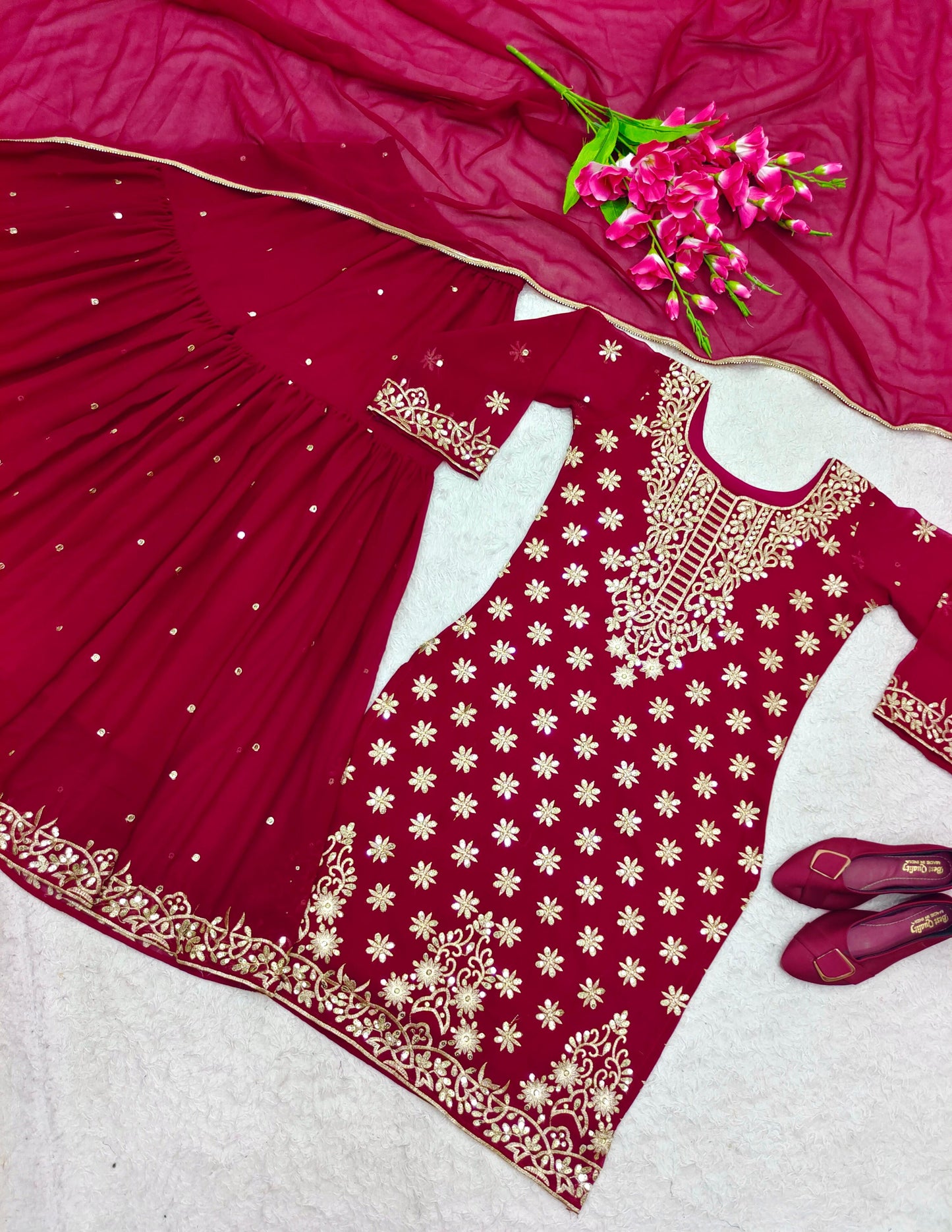 Decent Dark Pink Color Embroidery Work Sharara Suit