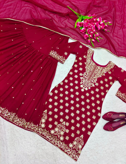 Decent Dark Pink Color Embroidery Work Sharara Suit