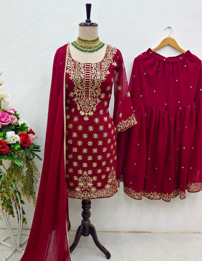 Decent Dark Pink Color Embroidery Work Sharara Suit