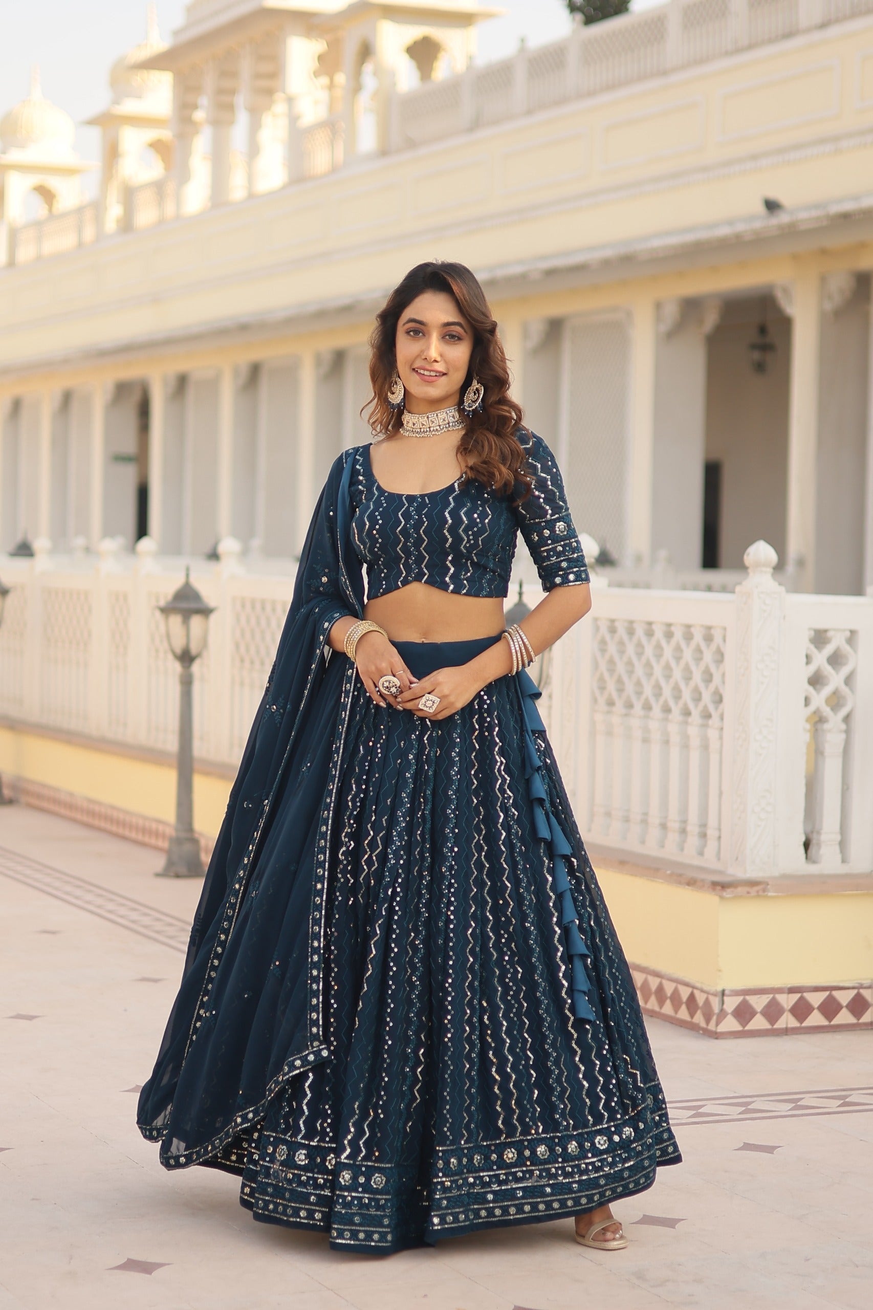 Shining Teal Blue Color Heavy Sequence Thread Embroidered Work Lehenga Choli