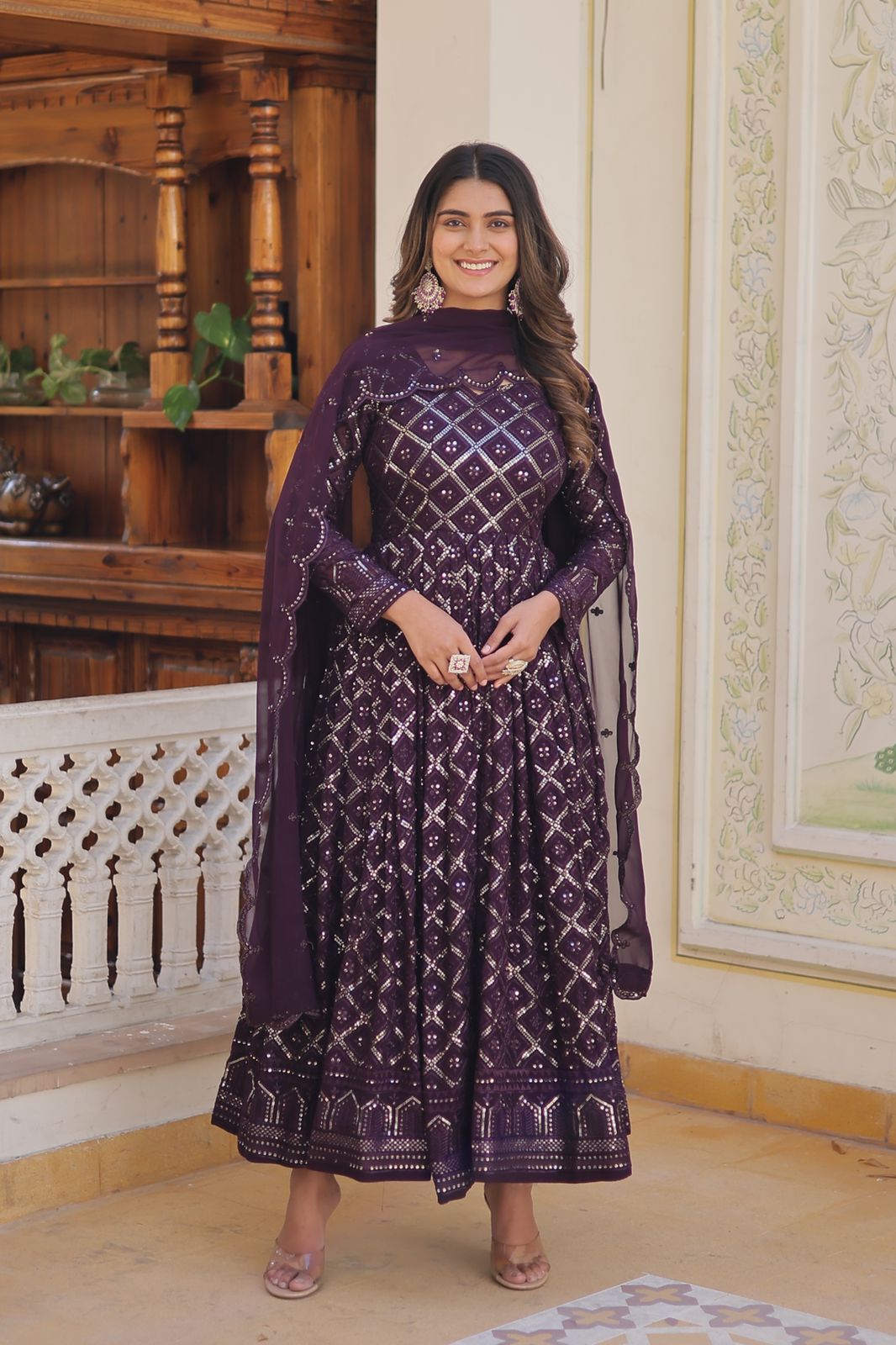 Attractive Purple Color Heavy Embroidered Work Gown With Dupatta