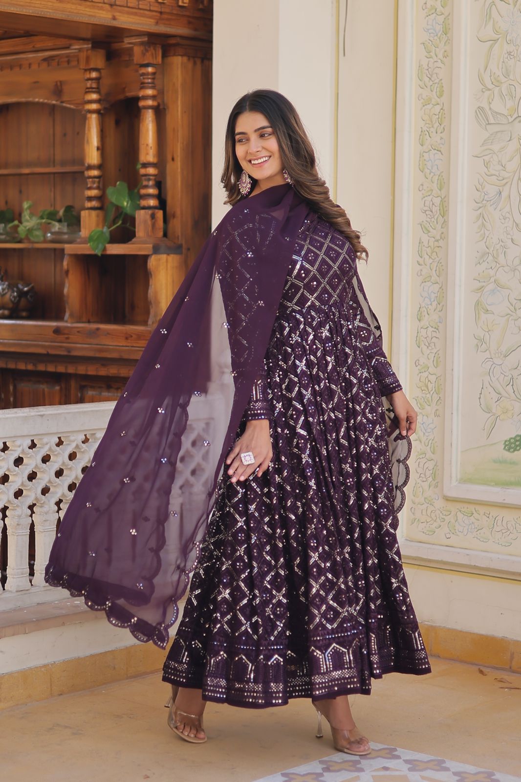 Attractive Purple Color Heavy Embroidered Work Gown With Dupatta