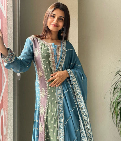 Sky With Multi Embroidery Work Palazzo Suit