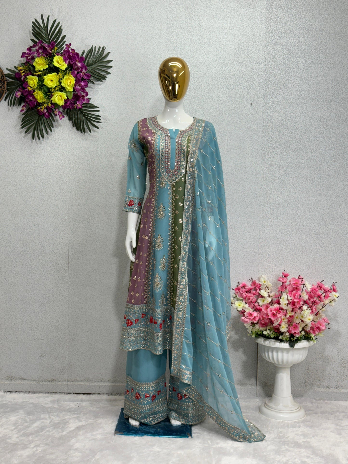 Sky With Multi Embroidery Work Palazzo Suit