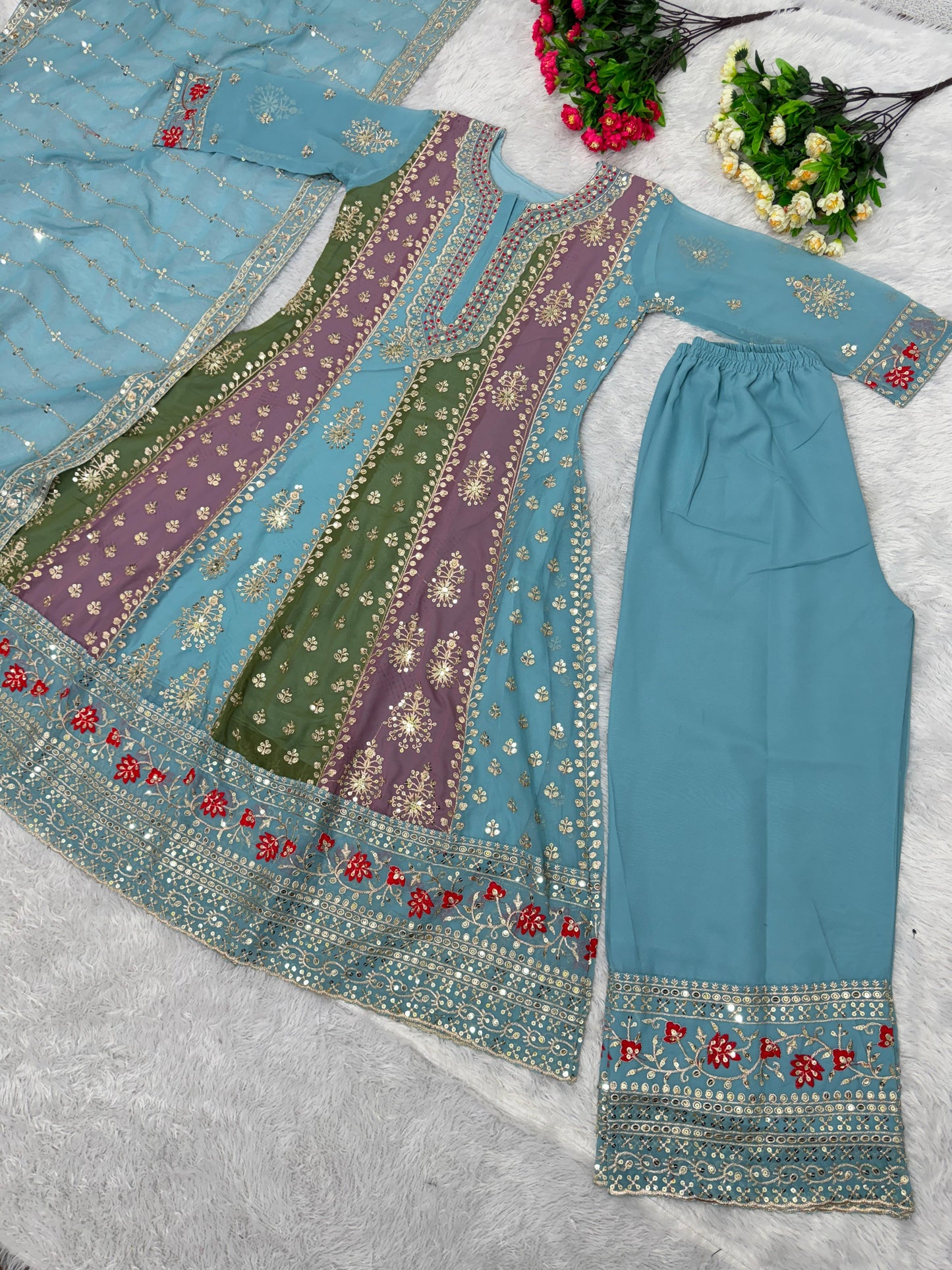 Sky With Multi Embroidery Work Palazzo Suit