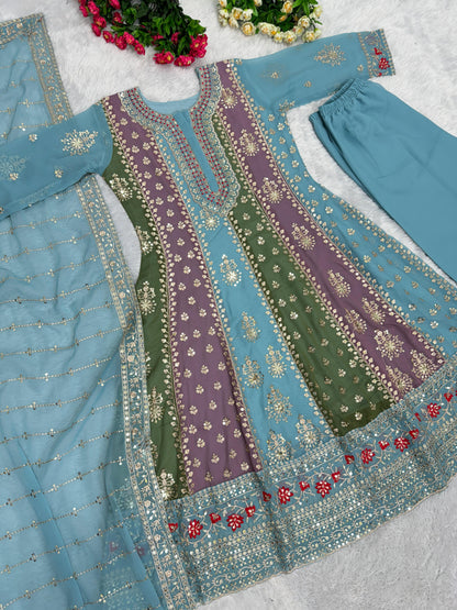 Sky With Multi Embroidery Work Palazzo Suit