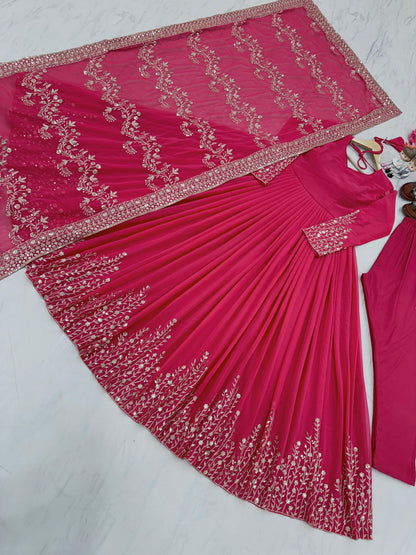 Wedding Wear Pink Color Sequence Work Long Gown With Dupatta