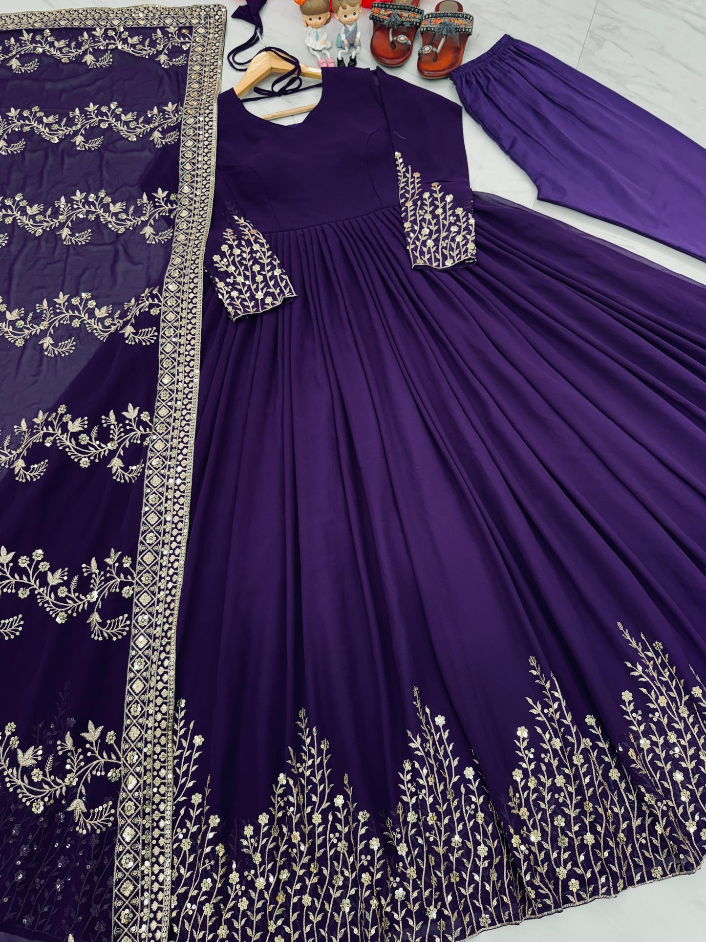 Wedding Wear Purple Color Sequence Work Long Gown With Dupatta