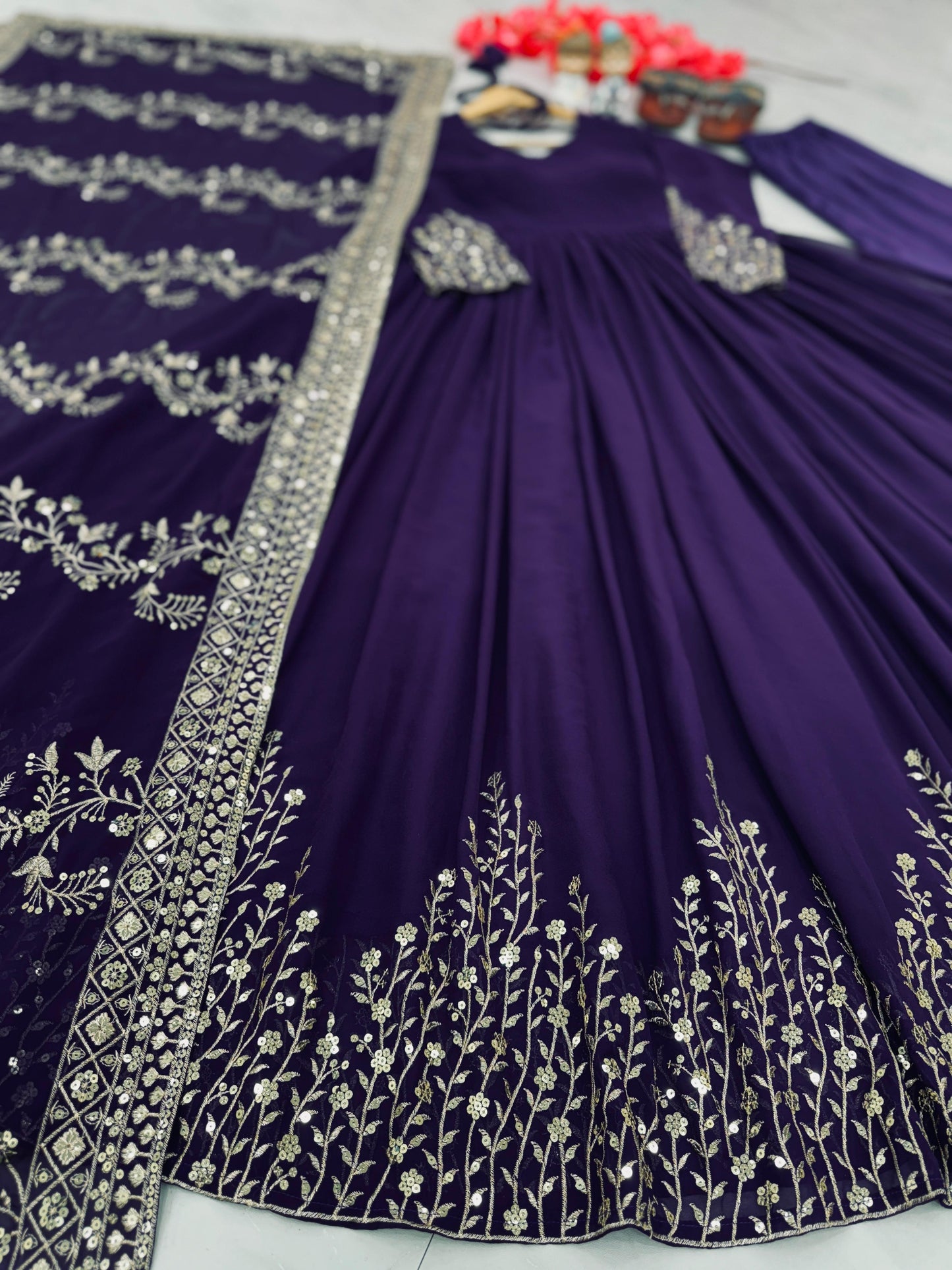 Wedding Wear Purple Color Sequence Work Long Gown With Dupatta