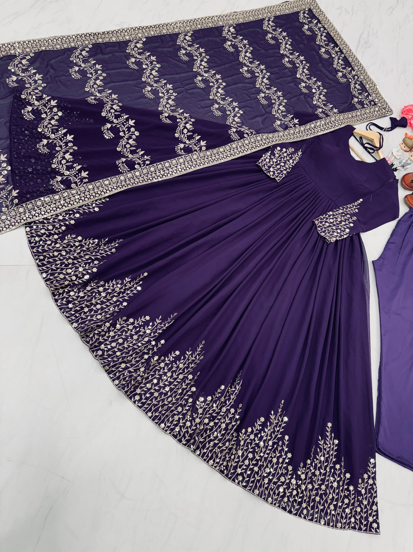 Wedding Wear Purple Color Sequence Work Long Gown With Dupatta