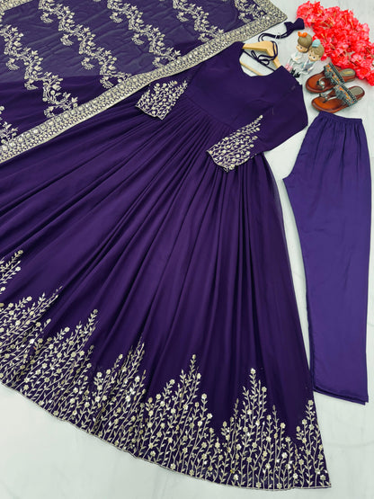 Wedding Wear Purple Color Sequence Work Long Gown With Dupatta