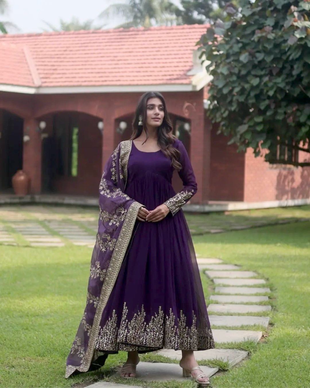 Wedding Wear Purple Color Sequence Work Long Gown With Dupatta