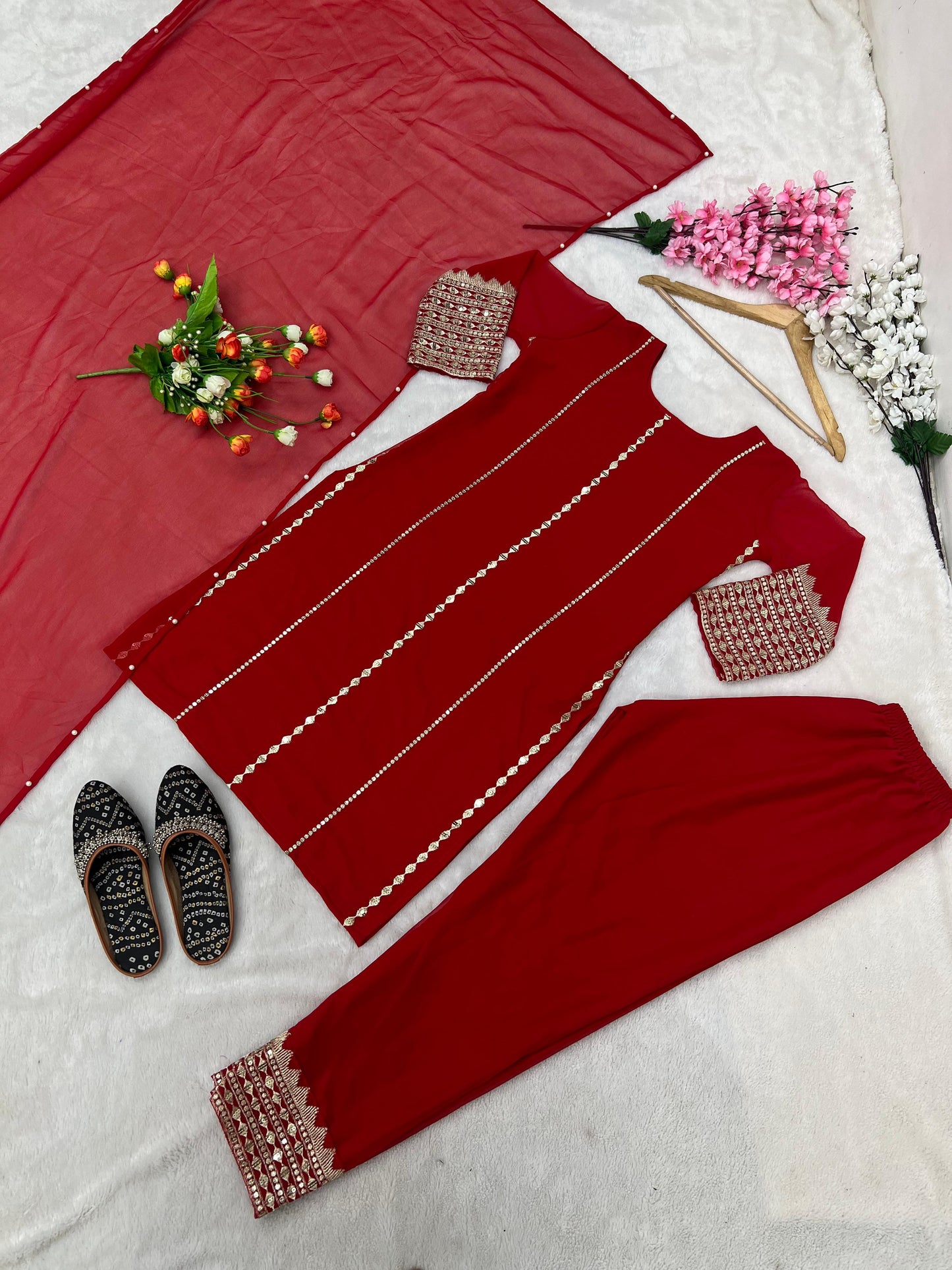 Party Wear Red Heavy Embroidery Work Kurti Pant With Dupatta