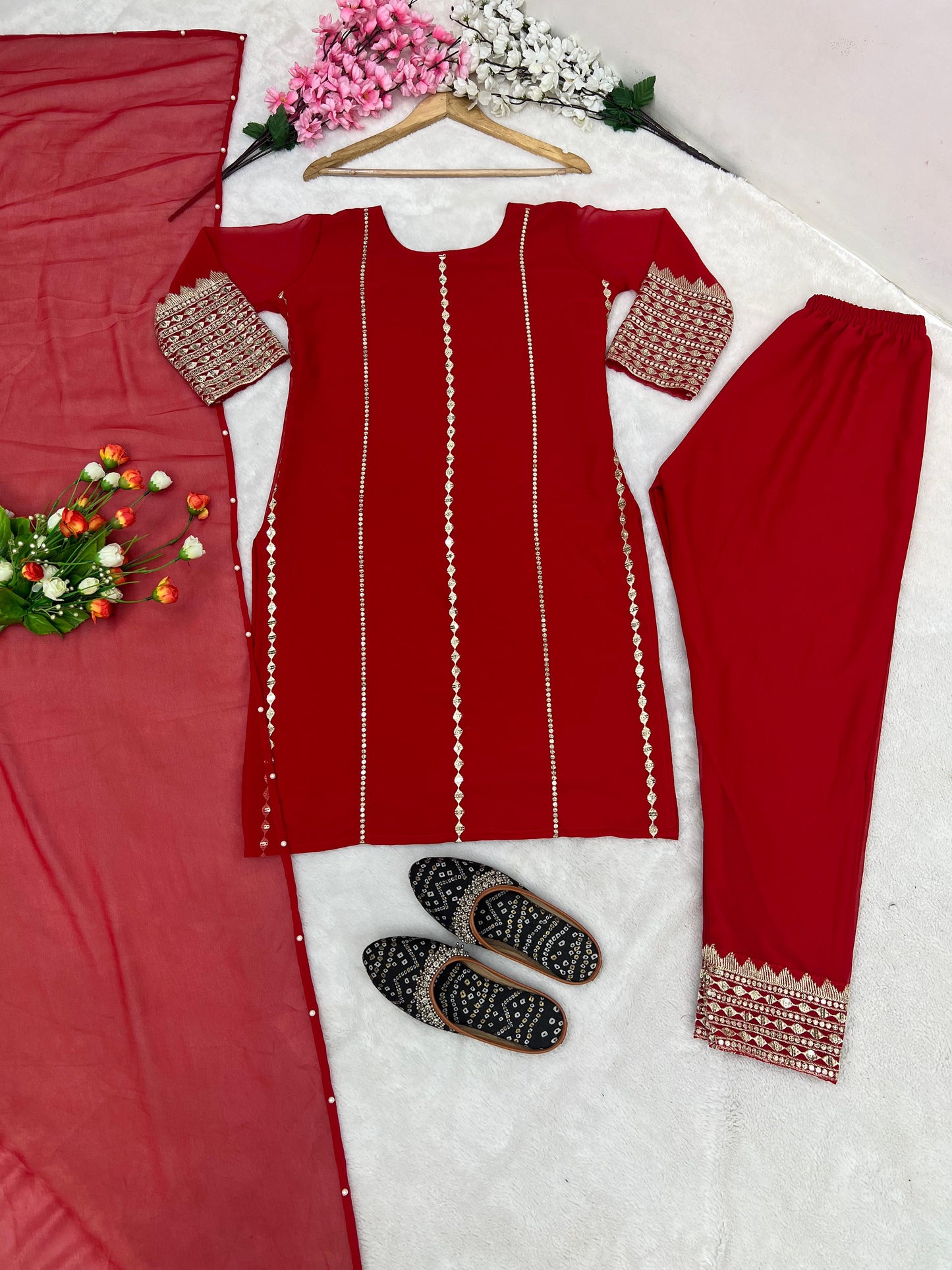 Party Wear Red Heavy Embroidery Work Kurti Pant With Dupatta