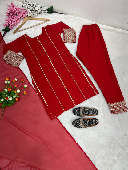 Party Wear Red Heavy Embroidery Work Kurti Pant With Dupatta