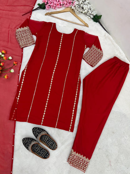 Party Wear Red Heavy Embroidery Work Kurti Pant With Dupatta