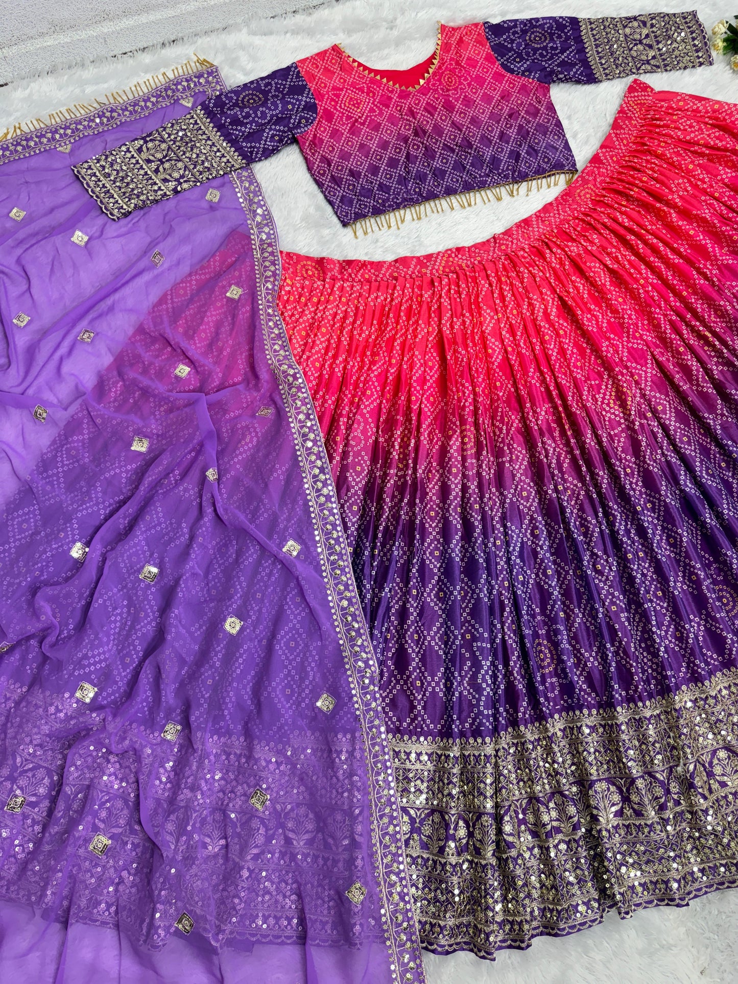 Fantastic Purple With Pink Double Shade Printed Lehenga Choli