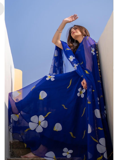 Lovely Flower Print Blue Printed Georgette Anarkali Gown