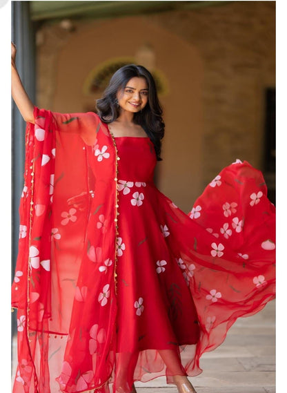 Lovely Flower Print Red Printed Georgette Anarkali Gown