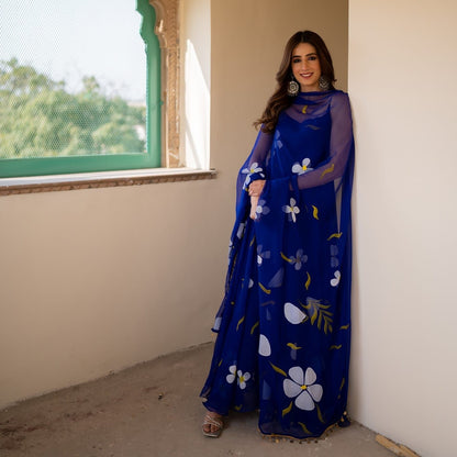 Lovely Flower Print Blue Printed Georgette Anarkali Gown