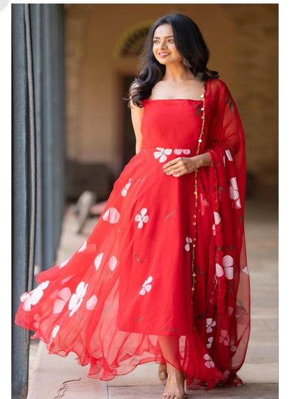 Lovely Flower Print Red Printed Georgette Anarkali Gown