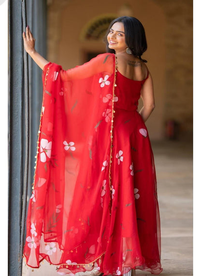 Lovely Flower Print Red Printed Georgette Anarkali Gown