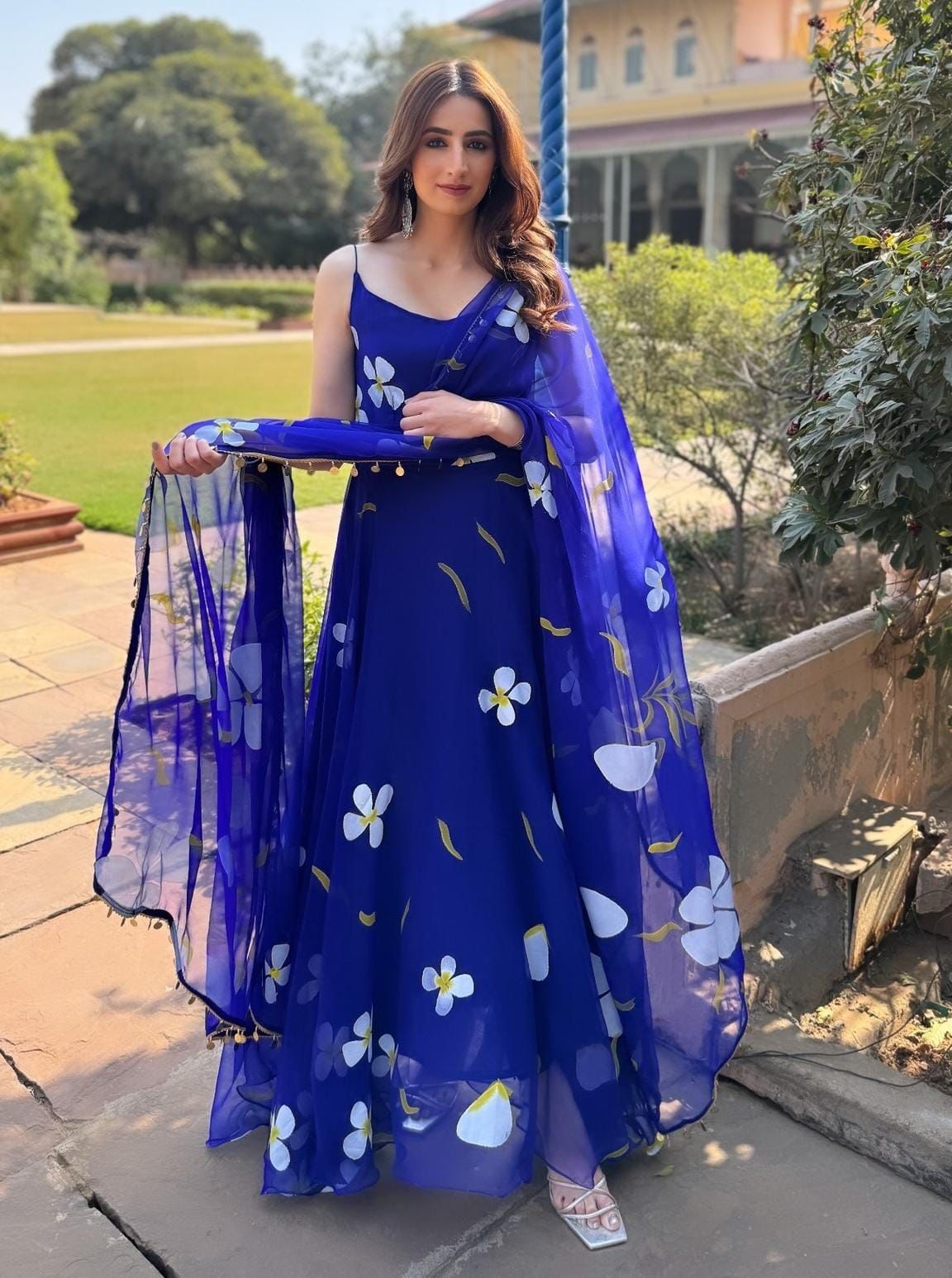 Lovely Flower Print Blue Printed Georgette Anarkali Gown