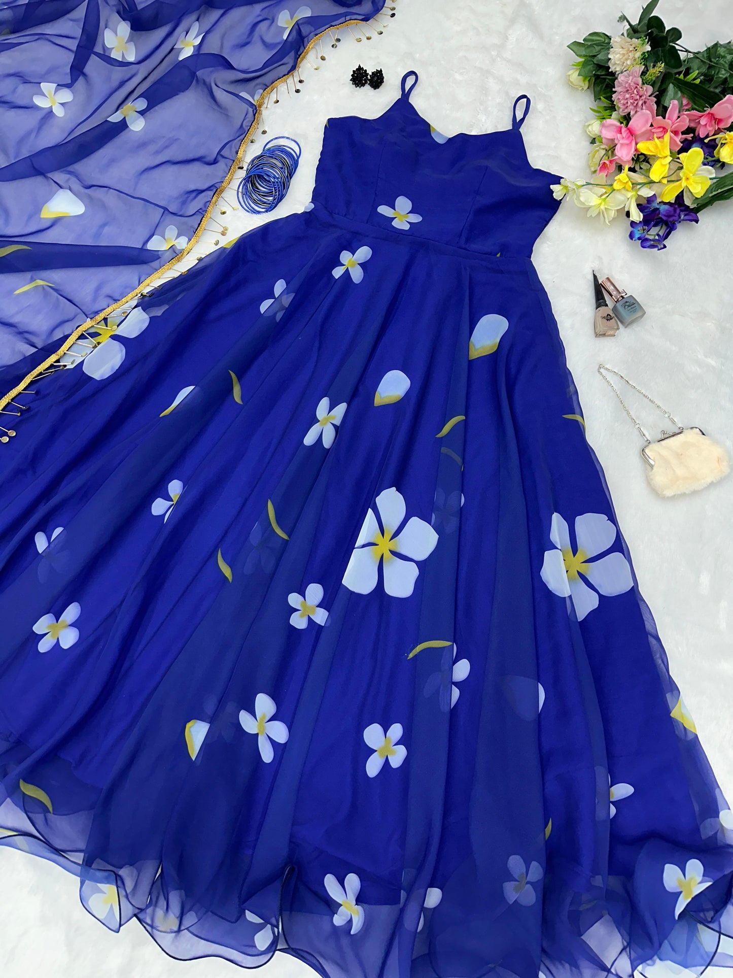 Lovely Flower Print Blue Printed Georgette Anarkali Gown