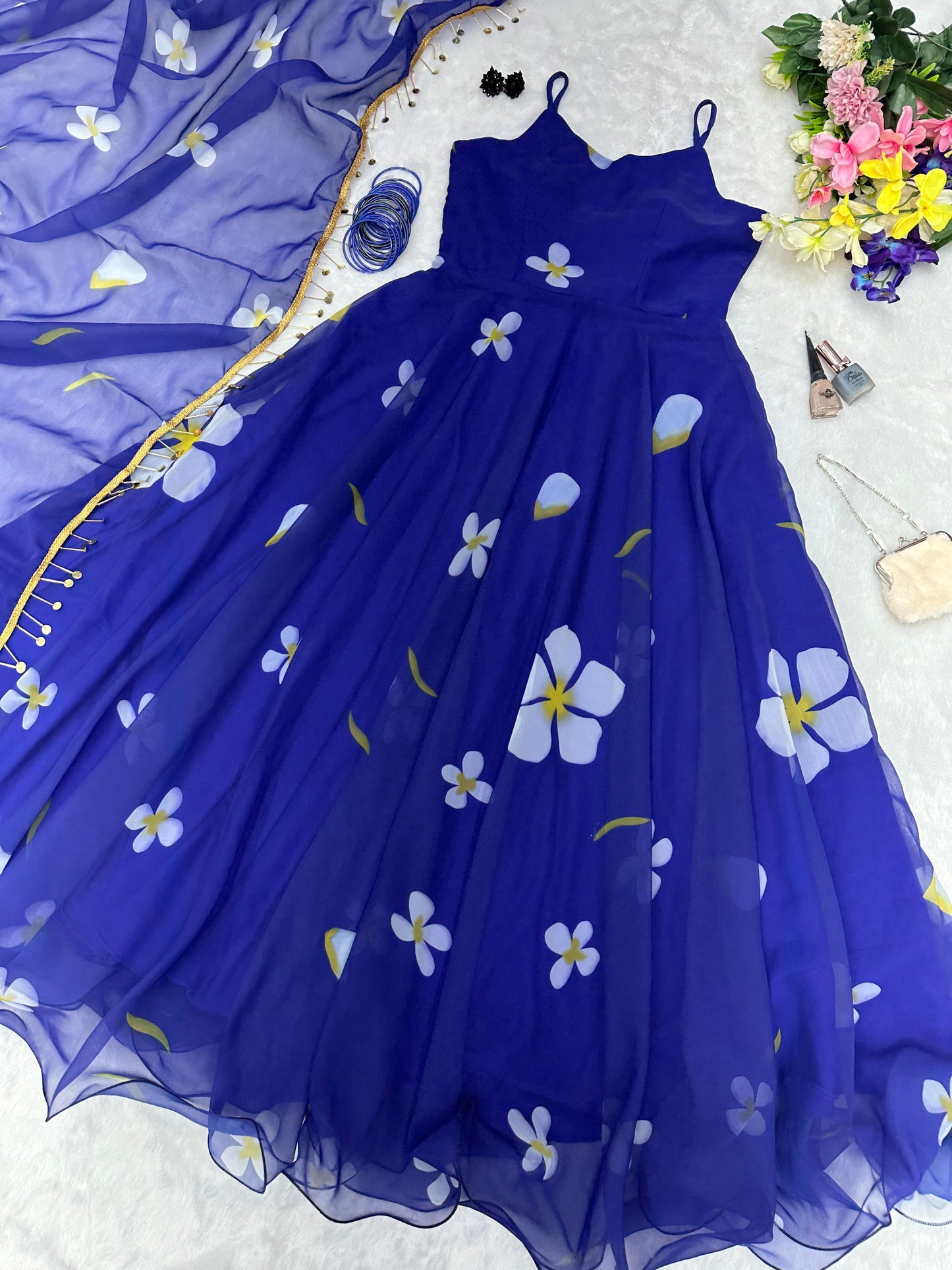 Lovely Flower Print Blue Printed Georgette Anarkali Gown