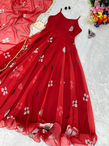 Lovely Flower Print Red Printed Georgette Anarkali Gown