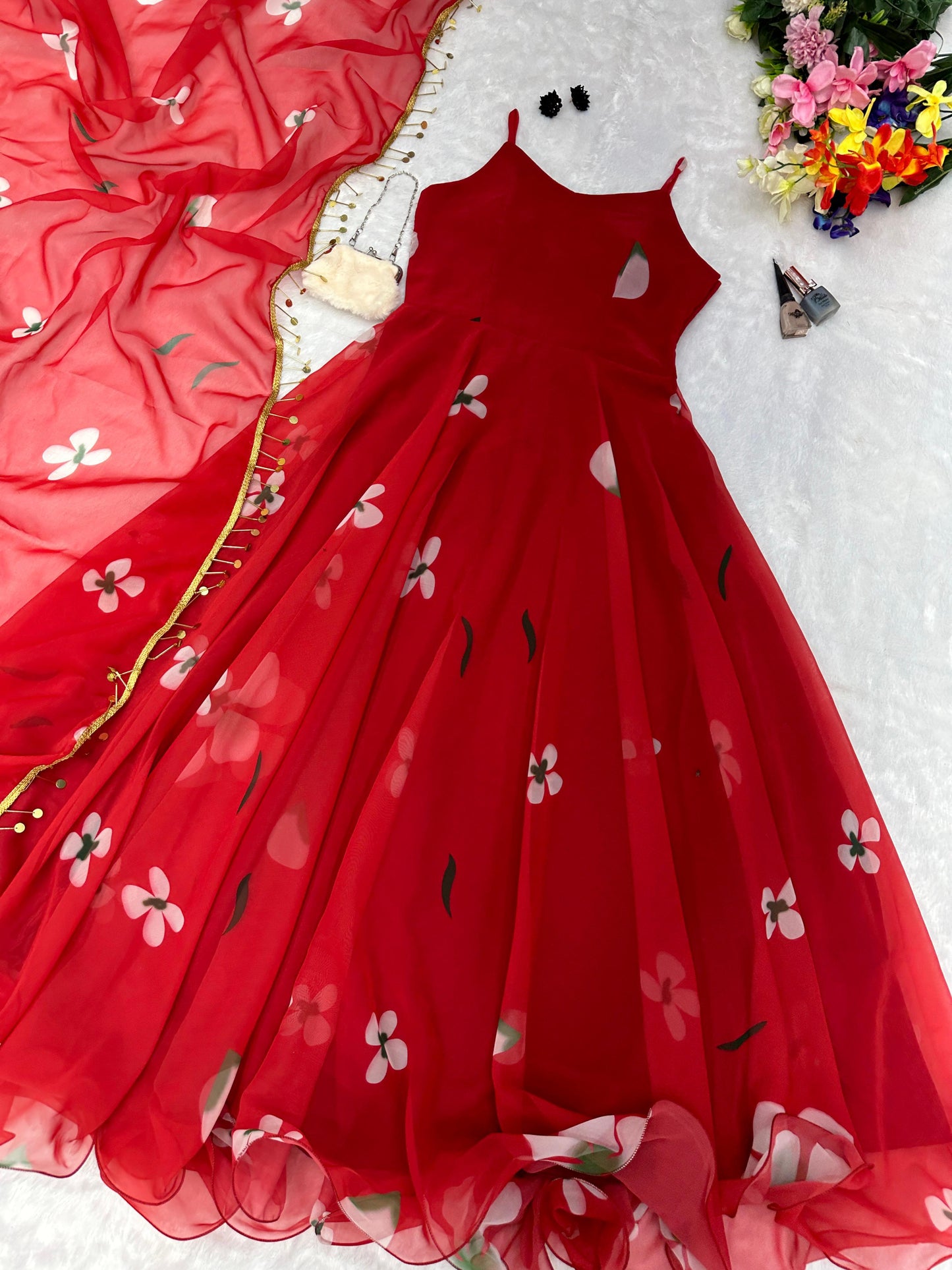 Lovely Flower Print Red Printed Georgette Anarkali Gown