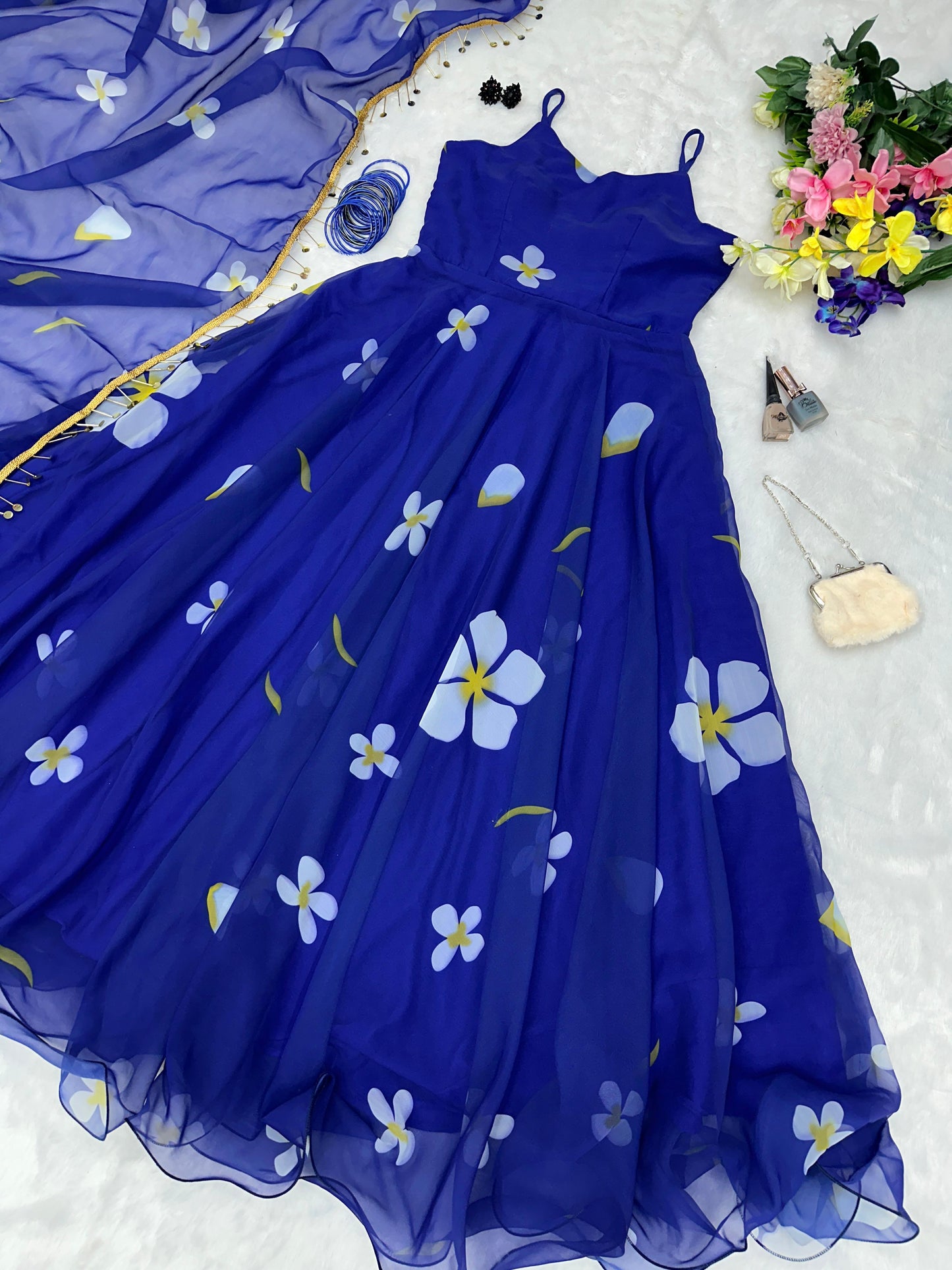 Lovely Flower Print Blue Printed Georgette Anarkali Gown