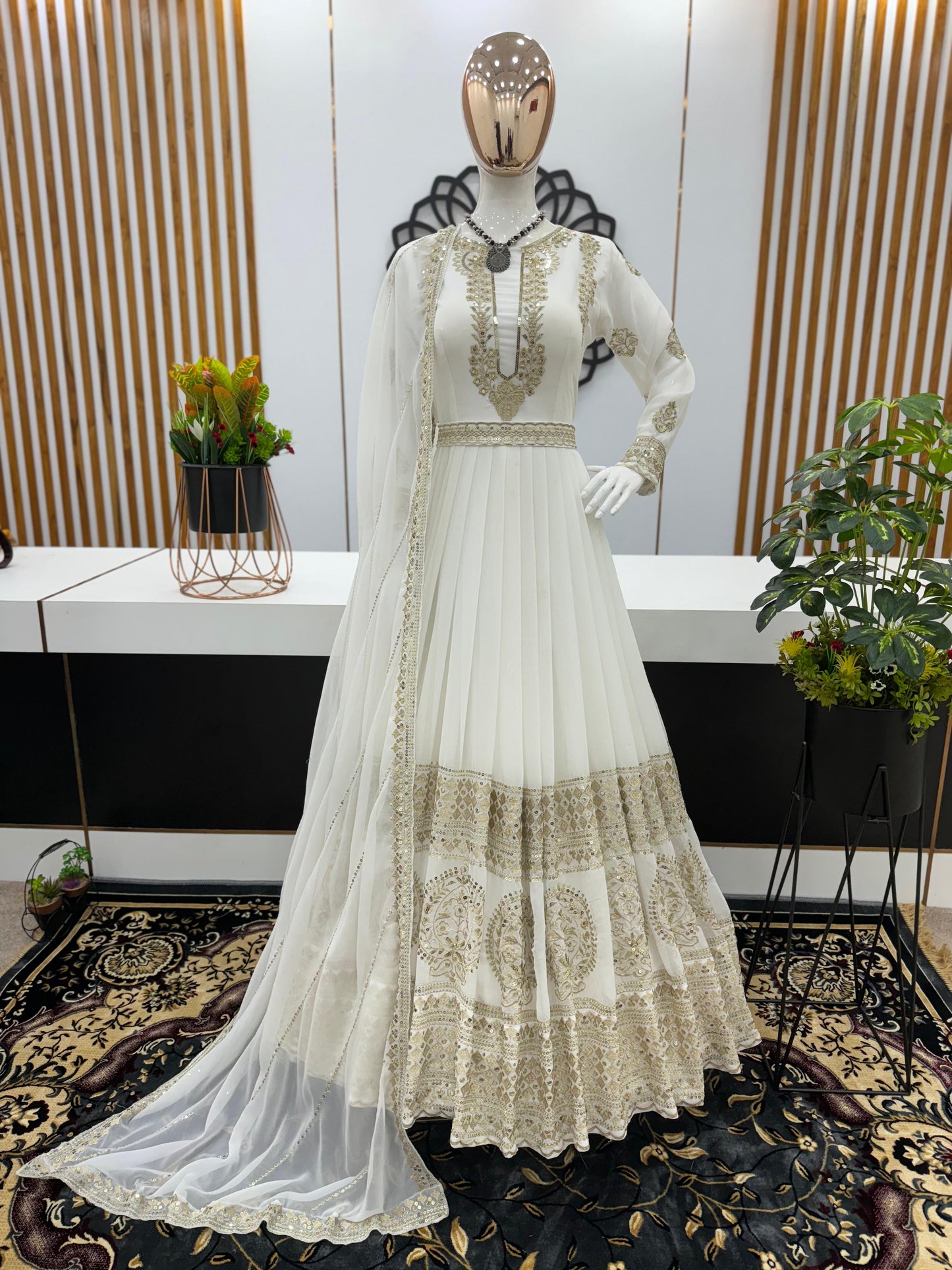 Trendy White Color Embroidery Sequence Work Gown