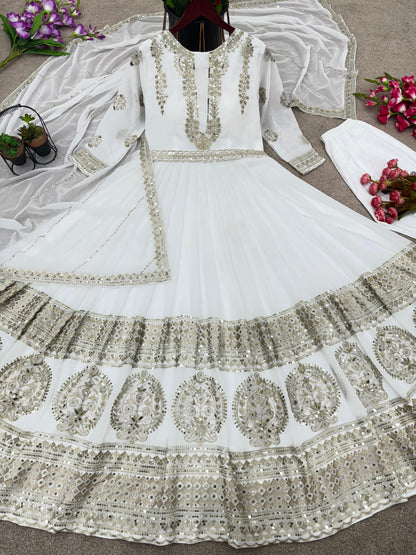 Trendy White Color Embroidery Sequence Work Gown